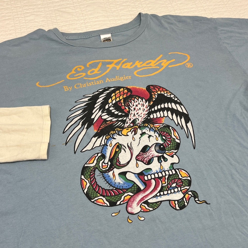 Ed Hardy Christian Audigier Eagle Skull Snake Tattoo Graphic Shirt XXL Vintage